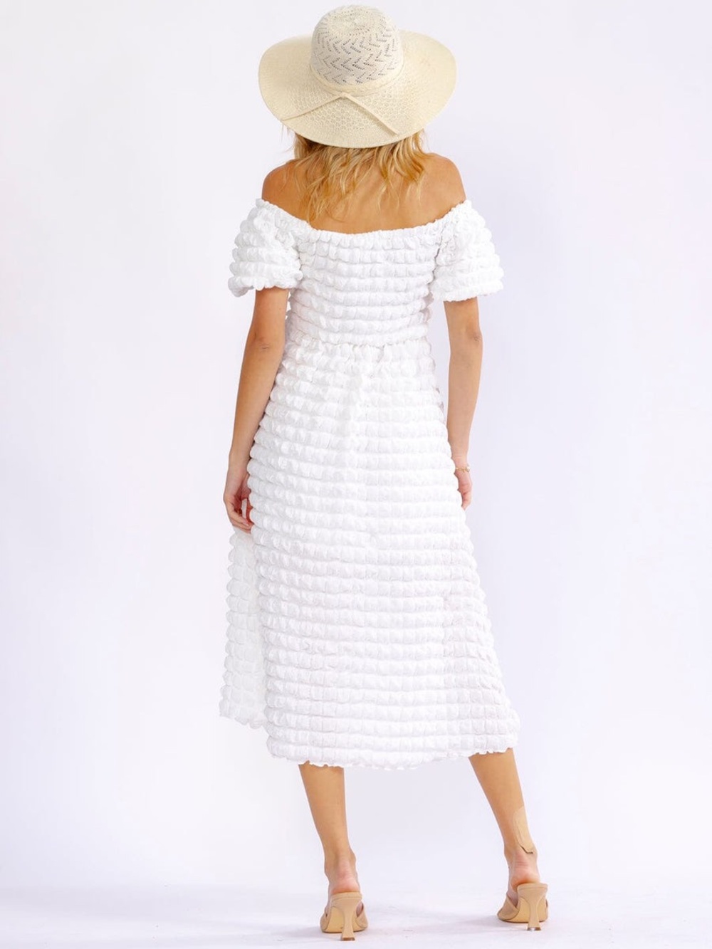 Off-Shoulder White Textured Midi Dress - Picture 2 of 5
